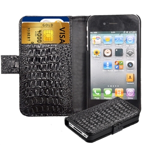 BuySKU64674 PU Crocodile Pattern Protective Case Cover with Card Holder & Inner Hard Back Case for iPhone 4 /iPhone 4S (Black)