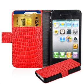 BuySKU64672 PU Crocodile Pattern Protective Case Cover with Card Holder & Inner Hard Back Case for iPhone 4 /iPhone 4S (Red)