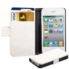 BuySKU64673 PU Crocodile Pattern Protective Case Cover with Card Holder & Inner Hard Back Case for iPhone 4 /iPhone 4S (White)