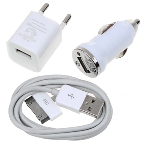 BuySKU61029 Portable 3-in-1 Car Charger & EU-plug Wall Power Adapter Kit with USB Cable for iPhone /iPod (White)