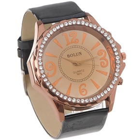 BuySKU58102 Rhinestones Decoration Quartz Wrist Watch with Synthetic Leather Strap for Female (Black & Brown)