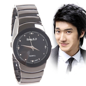 BuySKU58093 Rhinestones Vogue Quartz Wrist Watch with Stainless Steel Band for Men (Black)