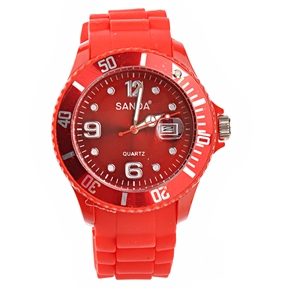 BuySKU66247 SANDA Round Dial Sports Quartz Wrist Watch with Date & Silicone Band (Red)