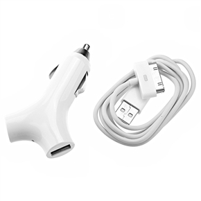 BuySKU67345 SiLiTo Double USB Car Charger Adapter with 30pin USB Cable for iPad /iPhone /iPod (White)