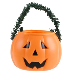 BuySKU61791 Smiling Face Design Plastic Halloween Pumpkin Candy Basket with Pine-branch Shaped Handle (M-size)
