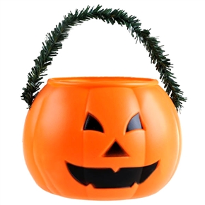 BuySKU61792 Smiling Face Design Plastic Halloween Pumpkin Candy Basket with Pine-branch Shaped Handle (S-size)