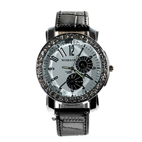 BuySKU57842 Stylish Crystal Inlaid Bezel Luminous Hands Quartz Wrist Watch with Date & Leather Band for Male (Black)
