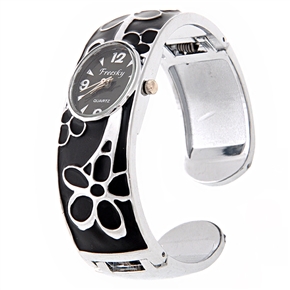 BuySKU66828 Stylish Flower Pattern Oval-shaped Dial Metal Bracelet Style Women's Quartz Wrist Watch (Black)