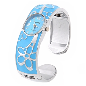 BuySKU66824 Stylish Flower Pattern Oval-shaped Dial Metal Bracelet Style Women's Quartz Wrist Watch (Blue)