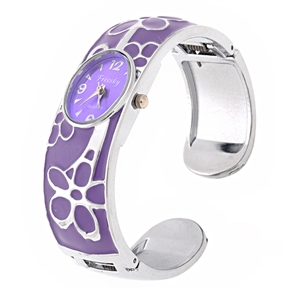 BuySKU66827 Stylish Flower Pattern Oval-shaped Dial Metal Bracelet Style Women's Quartz Wrist Watch (Purple)