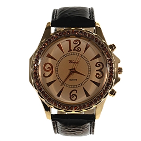 BuySKU58029 Stylish Rhinestone Bezel Round Dial Quartz Wrist Watch with Copper Case & Leather Band for Male (Black)