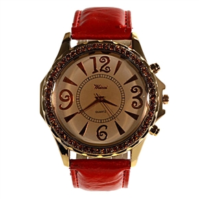 BuySKU57921 Stylish Rhinestone Bezel Round Dial Quartz Wrist Watch with Copper Case & Leather Band for Male (Red)