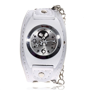 BuySKU57917 Trendy Skull Style Wrist Watch with White Leather Wristband and Chain
