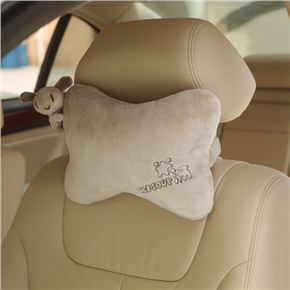BuySKU59585 Ultra Soft Bone Shape Car Neck Pillow with Cute Bear & Band (Khaki)