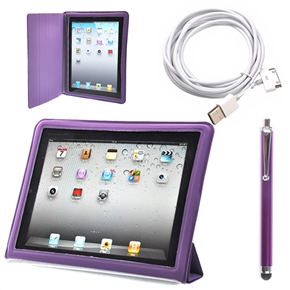 BuySKU65456 Ultra-slim Sleep/Wake-up Smart PU Case & Capacitive Stylus Pen & 3M USB Cable Set for iPad 2/The new iPad (Purple+White)