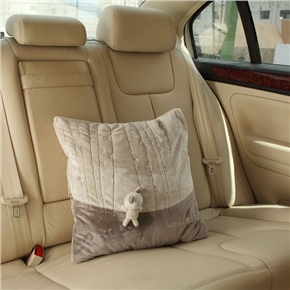 BuySKU59576 Zippered Style Car Thin Quilt Square Shape Pillow with Bear Doll (Khaki & Brown)