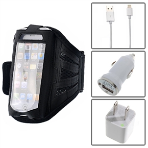 BuySKU69862 4-in-1 8-pin USB Data Cable & AC Power Adapter & Car Charger Kit with Black Adjustable Armband for iPhone 5