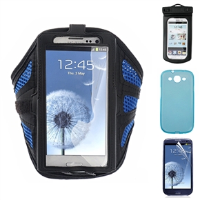 BuySKU70238 4-in-1 Sports Armband & TPU Back Case & Waterproof Bag & Screen Guard Set for Samsung Galaxy S III /i9300 (Blue & Black)