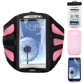 BuySKU70237 4-in-1 Sports Armband & TPU Back Case & Waterproof Bag & Screen Guard Set for Samsung Galaxy S III /i9300 (Pink & White)
