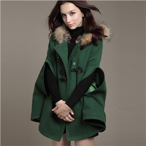 BuySKU69979 Fashion Women Autumn Winter Batwing Half Sleeve Fur Collar Hooded Cloak Cape Woolen Outerwear Coat - Size S (Green)