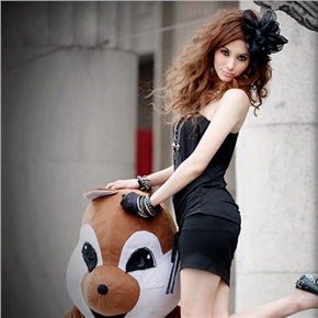 BuySKU70165 Fashion Women Summer Batwing Sleeve Sloping One-Shoulder Slim-fitting Mini Dress - Free Size (Black)