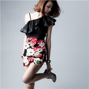 BuySKU70169 Fashion Women Summer Flower Pattern Sleeve Sloping One-Shoulder Slim-fitting Sexy Mini Dress - Free Size