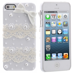 BuySKU70026 Sweet 3D Bling Pearl Decor Lace Bowknot Style Hard Protective Back Case Cover for iPhone 5 (White)