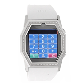 BuySKU70290 TW520D One SIM Quad-Band 1.5-inch Screen Rhinestone Decor Watch Cell Phone with Silicone Band /Camera /Bluetooth (White)