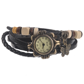 Retro Style Butterfly Pendant Decor Bracelet Women's Quartz Wrist Watch with Round Dial (Black)