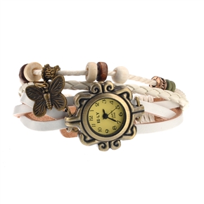  Retro Style Butterfly Pendant Decor Bracelet Women's Quartz Wrist Watch with Round Dial (White)