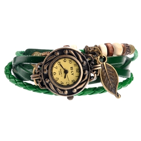 Retro Style Leaf Pendant Decor Bracelet Round Dial Women's Quartz Wrist Watch (Green)