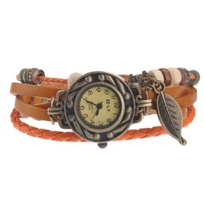 Retro Style Leaf Pendant Decor Bracelet Round Dial Women's Quartz Wrist Watch (Orange)
