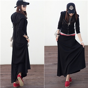 BuySKU74496 Women Spring & Autumn Cotton Long Sleeve Zippered Hoodie Coat & Long Skirt Leisure Sportswear Set - Size XXL (Black)