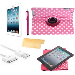 5-in-1 Dots PU Flip Case & Stylus Pen & Screen Guard & 30pin USB Data Cable & Cloth Set for iPad 3 /iPad 2 (Pink)