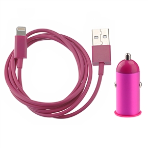 BuySKU70499 2-in-1 1M 8-pin USB Data Charging Cable & Aluminum Alloy USB Car Charger Adapter Set for iPhone 5 /iPad mini (Rosy)