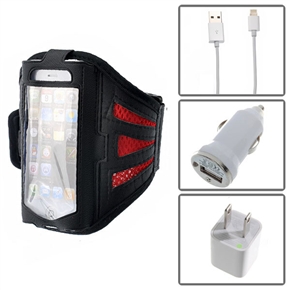 BuySKU70480 4-in-1 8-pin USB Data Cable & AC Power Adapter & Car Charger Kit with Red Adjustable Armband for iPhone 5