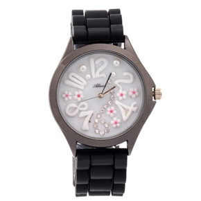BuySKU70534 Allwell Lovely Arabic Numerals & Rhinestones Decor Round Dial Women's Quartz Wrist Watch with Silicone Band (Black)