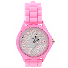 BuySKU70533 Allwell Lovely Arabic Numerals & Rhinestones Decor Round Dial Women's Quartz Wrist Watch with Silicone Band (Pink)