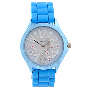 BuySKU70532 Allwell Lovely Arabic Numerals & Rhinestones Decor Round Dial Women's Quartz Wrist Watch with Silicone Band (Sky-blue)