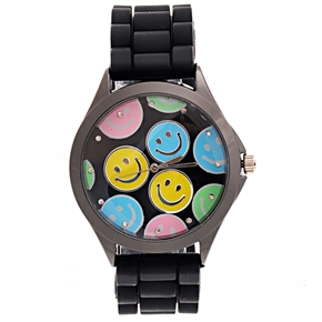 BuySKU70552 Stylish Smile Face Pattern Decor Round Dial Women's Quartz Wrist Watch with Silicone Band (Black)