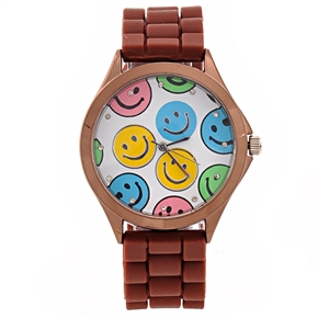 BuySKU70544 Stylish Smile Face Pattern Decor Round Dial Women's Quartz Wrist Watch with Silicone Band (Coffee)