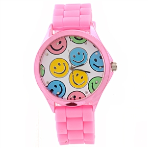 BuySKU70550 Stylish Smile Face Pattern Decor Round Dial Women's Quartz Wrist Watch with Silicone Band (Pink)