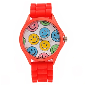 BuySKU70545 Stylish Smile Face Pattern Decor Round Dial Women's Quartz Wrist Watch with Silicone Band (Red)