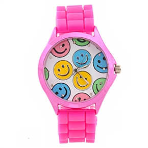 BuySKU70548 Stylish Smile Face Pattern Decor Round Dial Women's Quartz Wrist Watch with Silicone Band (Rosy)