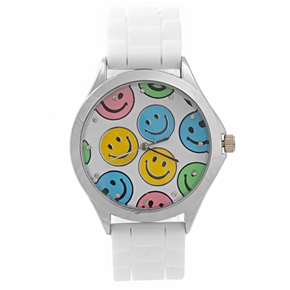 BuySKU70553 Stylish Smile Face Pattern Decor Round Dial Women's Quartz Wrist Watch with Silicone Band (White)