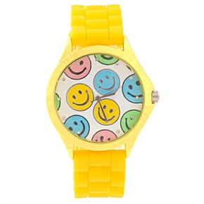 BuySKU70547 Stylish Smile Face Pattern Decor Round Dial Women's Quartz Wrist Watch with Silicone Band (Yellow)