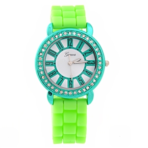 BuySKU70538 Jeneua Sunflower Style Round Dial Rhinestones Decor Women's Quartz Wrist Watch with Silicone Band (Green)