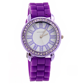 BuySKU70539 Jeneua Sunflower Style Round Dial Rhinestones Decor Women's Quartz Wrist Watch with Silicone Band (Purple)