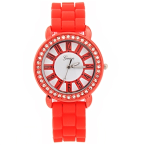 BuySKU70537 Jeneua Sunflower Style Round Dial Rhinestones Decor Women's Quartz Wrist Watch with Silicone Band (Red)