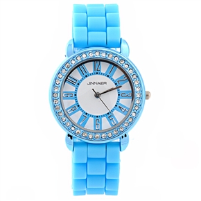BuySKU70540 Jeneua Sunflower Style Round Dial Rhinestones Decor Women's Quartz Wrist Watch with Silicone Band (Sky-blue)